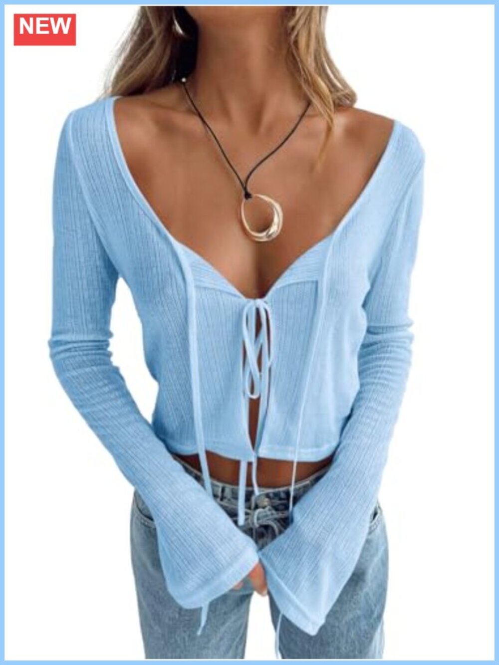 Tie Front Crop Top Sheer Crochet Long Sleeve Blouse Scoop Neck
